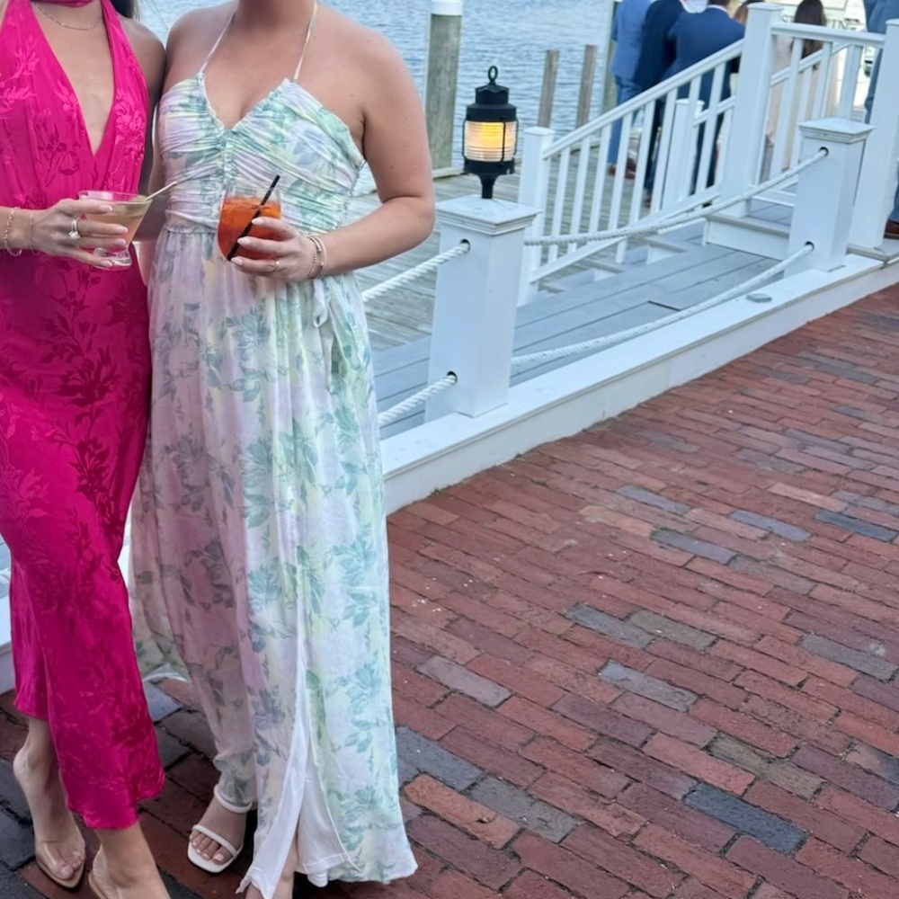 Green Multi Floral Ruched Halter Maxi Dress